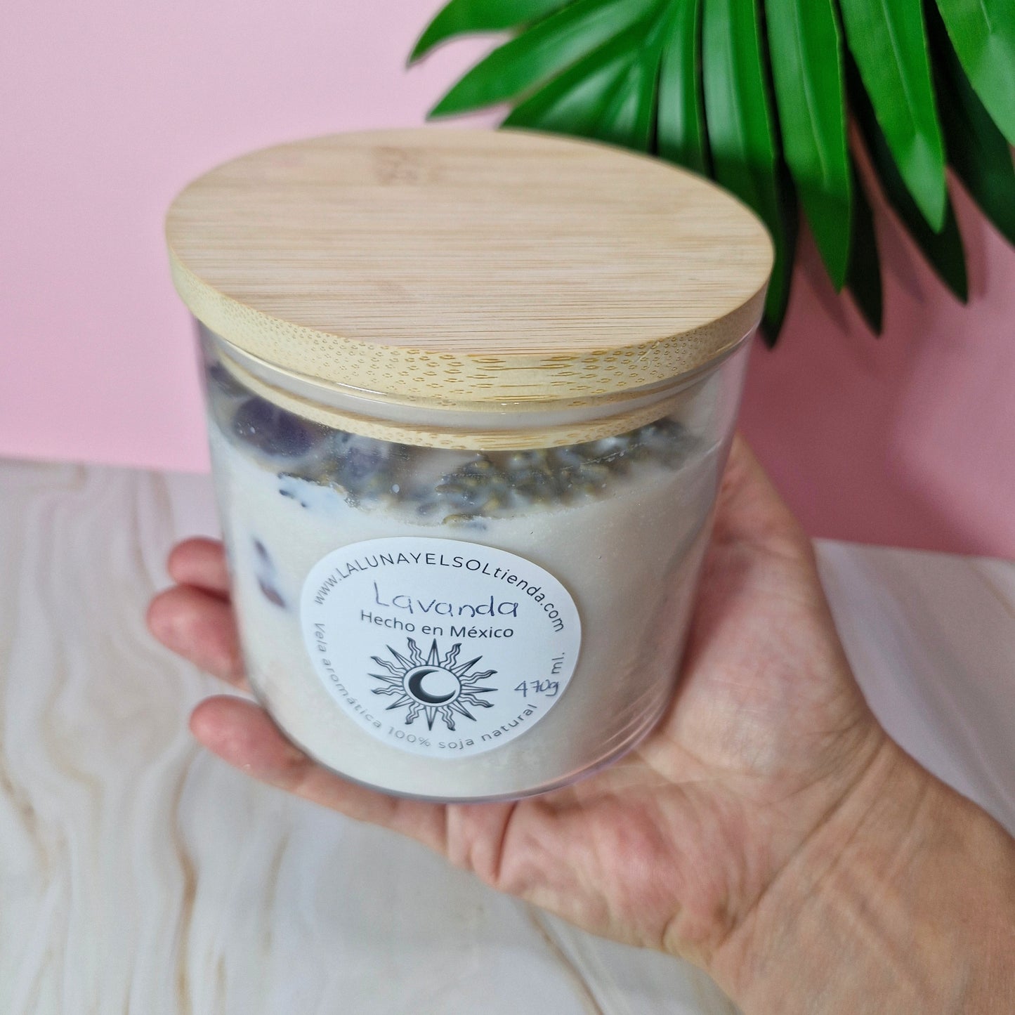 Vela aromática “lavanda” grande con tapa de bambú 450gr.