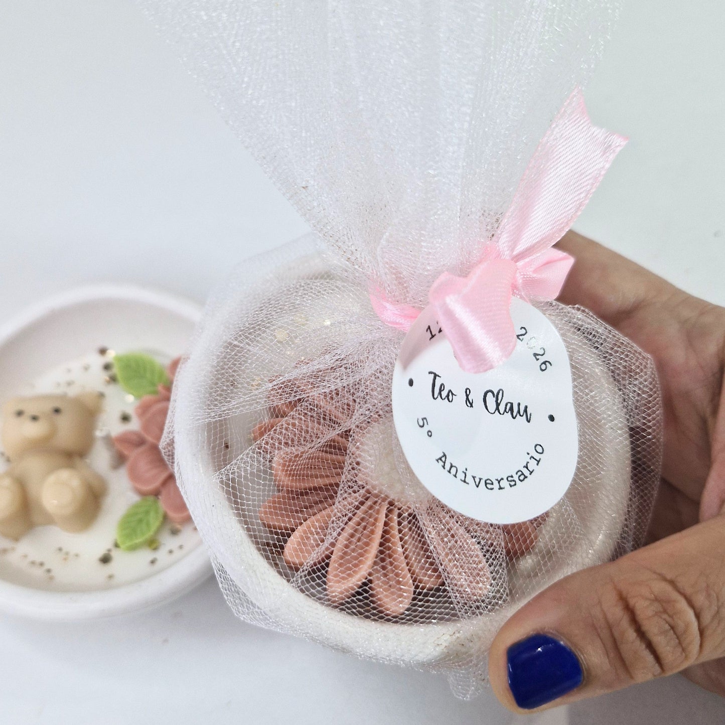 Pack 20 Velas osito y flores, color palo de rosa, con empaque individual y etiqueta personalizada