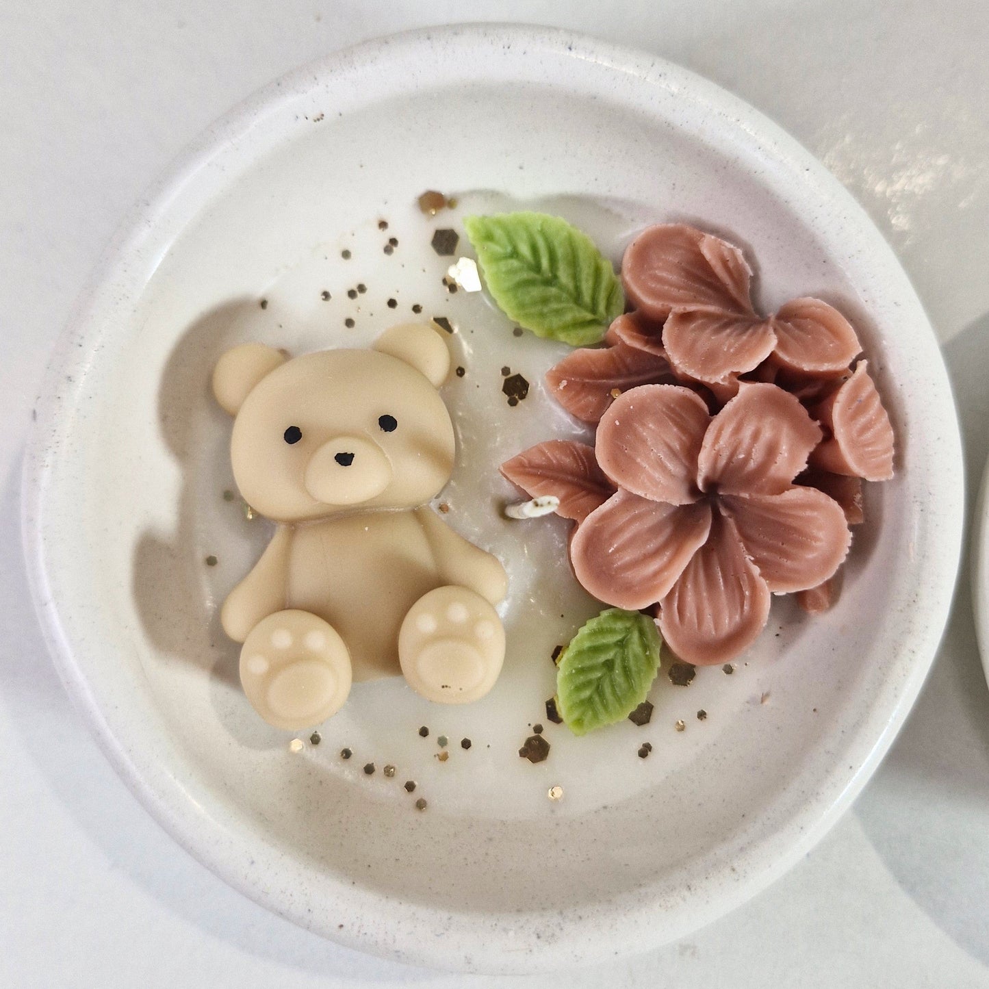 Pack 20 Velas osito y flores, color palo de rosa, con empaque individual y etiqueta personalizada