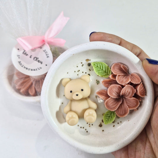 Pack 20 Velas osito y flores, color palo de rosa, con empaque individual y etiqueta personalizada